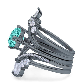 Trio Set Wedding Ring Three Piece Bridal Round Black Tone, Simulated Paraiba Tourmaline CZ 925 Sterling Silver